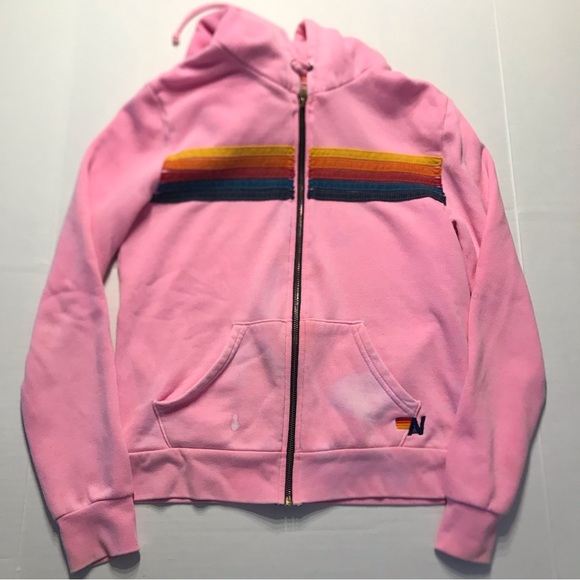 Aviator Nation Neon 5-stripe Hoodie Neon Pink Size Small *Bleach
